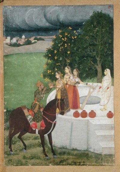 Een bereden prins ontvangt water van dames bij een put, miniatuur uit Murshidabad, c.1760 door Indian School