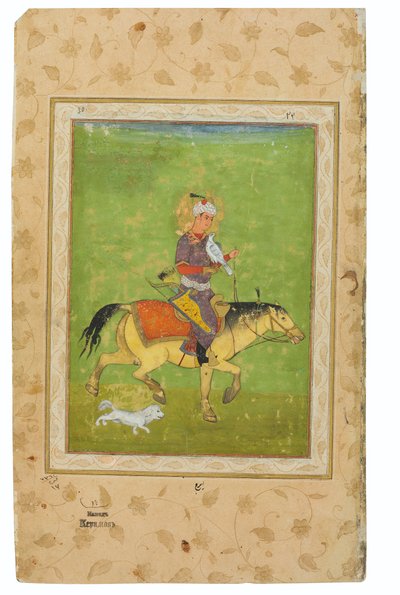 Een schilderij van Iraj te paard op jacht met een valk, India, Mughal Periode, eind 16e eeuw door Indian School