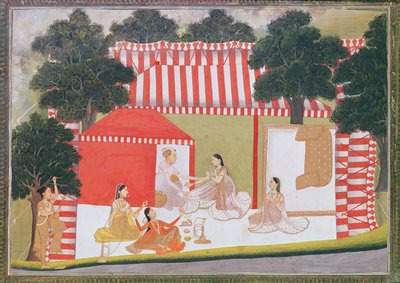 Een prins probeert een dame zijn tent in te trekken; een dienstmeid en vrienden kijken verbaasd toe, ca. 1760 door Indian School