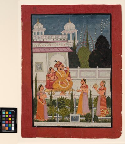 Een raja op een terras met zijn rani, bijgestaan door drie vrouwen door Indian School