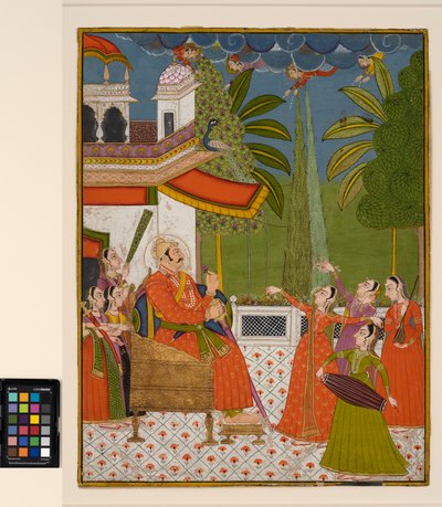 Een raja op een troon vermaakt door dansers en muzikanten door Indian School