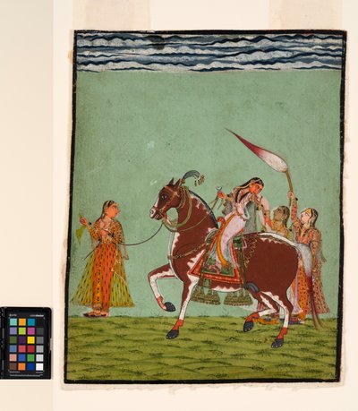 Een vrouw te paard met drie bedienden door Indian School