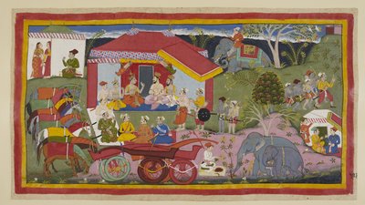 In een kampementsscene wordt Guha de Nishadakoning geïntroduceerd in de vergadering van de prinsen, brahmanen en ministers. De paarden, losgemaakt van de wagens, staan in een rij vastgebonden en geketend, terwijl een mahout poeder bereidt voor de de door Indian School