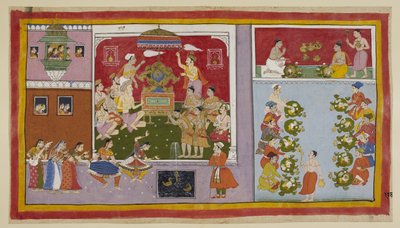 Add 15296 (1) f.106r, Door zijn magische krachten heeft Bharadvaja een paleis in een lusthof getoverd voor het vermaak en de verfrissing van zijn gasten. Bharadvaja en de andere asceten en brahmanen zitten in de troonzaal, terwijl de twee prinsen eerst. door Indian School