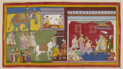 Dasaratha, gezeten in durbar, vertelt de Brahmanen Vasistha en Vamadeva en zijn minister Sumantra over zijn voornemen om zijn troon af te staan aan Rama als regent; links roepen deze drie Rama en Laksmana. door Indian School