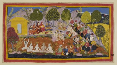 Rama zit op een mat tegenover de twee broers, met de drie koninginnen en Sita aan zijn rechterkant. Bharata blijft Rama aansporen om terug te keren naar Ayodhya om gekroond te worden, bewerend dat hun vader tegen hem had gezondigd uit angst voor zijn vrouw door Indian School