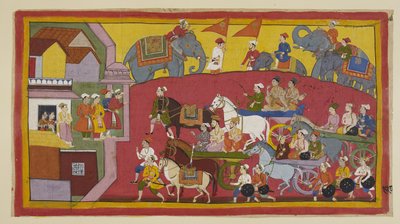 De strijdwagens van Vasistha en de prinsen, vergezeld door verschillende ministers en mensen, betreden de stad Nandigrama. door Indian School