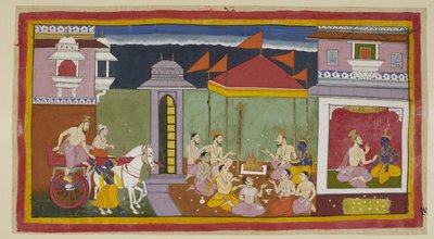 Add 15296 (1) f.15r, Links arriveert Vasistha bij het paleis van Rama en met de hulp van Rama stapt hij uit zijn wagen, en rechts, zittend met Rama, adviseert hij hem om die nacht te vasten zoals de koning heeft opgedragen. Een stapel kusa-gras voor Rama e door Indian School