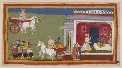 Sumantra arriveert in een strijdwagen bij het paleis van Rama, vindt hem zittend op een bank, nu gekleed in een gele dhoti en uttaraiya in plaats van zijn eerdere hedendaagse kostuum, en met Sita die een sjaal over hem zwaait. Zijn voorhoofd is gezalfd met door Indian School