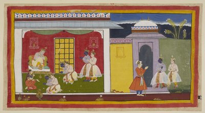 Rama en Laksmana rechts, met Rama nu gekleed in hedendaagse hofkleding, naderen de poort van Kaikeyi