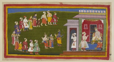Rama en Laksmana, gekleed als voorheen maar gewapend met zwaard, boog en pijlen, vergezeld door Sita, zijn nederig door de straten gelopen die vol rouwende mensen zijn naar het paleis van hun vader. Sumantra kondigt hen aan bij de troon door Indian School