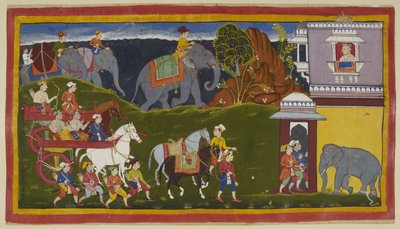 Add 15296 (1) f.4r, Bharata, Shatrughna en hun oom, samen met bedienden en twee geleide rijpaarden, met beladen olifanten voorbij de horizonlijn, arriveren bij het paleis van de koning van Kekaya, Bharata