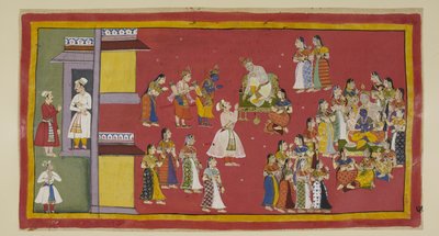 Add 15296 (1) f.50r, Dasaratha had Sumantra eerder bevolen zijn koninginnen en al zijn vrouwen te roepen, die nu de koning omringen wanneer Sumantra de ballingen binnenbrengt om afscheid te nemen. Dasaratha probeert Rama te overtuigen niet naar het bos te  door Indian School