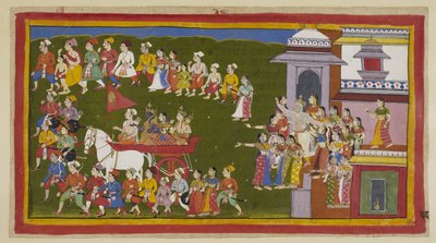 Rama, zijn vrouw en broer rijden in een wagen, omringd door rouwende stadsbewoners. Dasaratha haast zich vanuit zijn paleis en gaat door de poort. door Indian School
