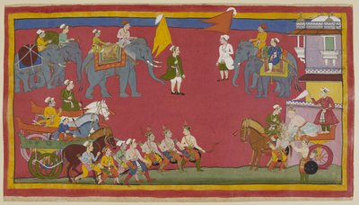 De twee prinsen en hun oom zijn uit hun wagens gestapt en naderen de koning. Hij komt uit het paleis in zijn wagen en buigt zich liefdevol naar hen toe. door Indian School