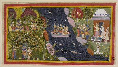 Add 15296 (1) f.69r, Bharadvāja, rechts in zijn hermitage, adviseert de reizigers over de weg naar Citrakuta. In het midden steken ze de Yamuna over op een geïmproviseerd vlot, met Sita die opnieuw bidt tot de godin van de rivier voor een veilige terugkee door Indian School