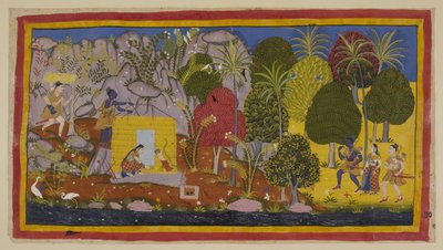 De drie ballingen naderen Citrakuta van rechts langs de oevers van de Yamuna-rivier. Rama verwondert zich over de bloeiende bomen en planten die de berg bedekken. Links, op een vlakke ruimte bij de rivier, bouwen de twee broers een hu door Indian School