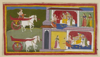 Add 15296 (1) f.72r, Links keert Sumantra terug naar Ayodhya en betreedt het paleis om Rama