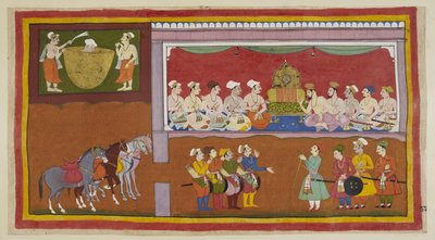 In afwezigheid van zijn zonen wordt het lichaam van de koning in een ketel met olie geplaatst, terwijl ministers en Brahmanen in de durbarzaal debatteren over wat te doen. door Indian School