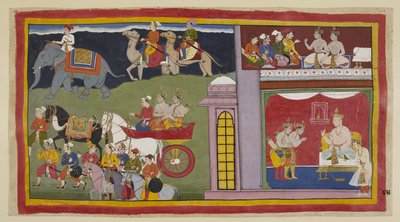 De boodschappers, in een bovenkamer, vertellen de prinsen om terug te keren naar Ayodhya. Beneden in de troonzaal, gekleed voor de reis, nemen de prinsen afscheid van koning Kaikeyi en zijn zoon Yudhajit. Ze zitten in een strijdwagen met de boodschappers. door Indian School