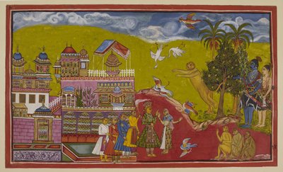 Add 15296 (2) f.14r, Sugriva en zijn bondgenoten zijn naar het paleis van Bali in Kiskindha gekomen. Sugriva brult zijn uitdaging zo luid dat de vogels uit de lucht vallen van schrik. Bali, zijn koningin Tara en zijn ministers zijn naar buiten gekomen bij  door Indian School
