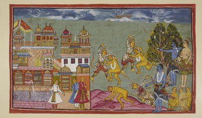 Add 15296 (2) f.18r, Buiten het paleis, Sugriva en Bali vechten woest met vuisten en nagels en rukken dan bomen en rotsen uit, maar Bali is de sterkere en langzaam wordt Sugriva gedwongen terrein prijs te geven. Wanneer Rama ziet dat Sugriva verliest, grij door Indian School