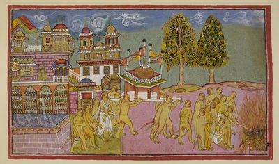 Het lichaam van Bali, bedekt met wit, wordt in een koepelvormige en bevlagsde draagstoel uit het paleis gedragen en verbrand op een brandstapel, met Sugriva en Angada die de begrafenisrituelen leiden door Indian School