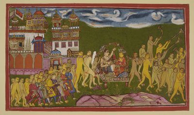 Sugriva en Laksmana worden in een gouden draagstoel, gedragen door apen, van Kiskindha vervoerd. door Indian School