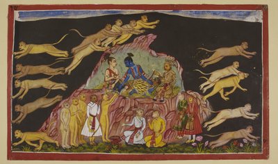 Rama, Laksmana en Sugriva zitten op een rotsachtige verhevenheid. Sugriva verdeelt zijn enorme troepen in vier en stuurt ze uit om Sita te zoeken. door Indian School