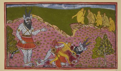 De apen die naar het zuiden gingen, waaronder Hanuman en Angada, komen een enorme asura (demon) tegen, blauw en schubbig, met hoorns en een knots. Denkend dat hij Ravana is, slaat Angada hem tegen de grond en haalt zijn ingewanden eruit, terwijl de andere  door Indian School