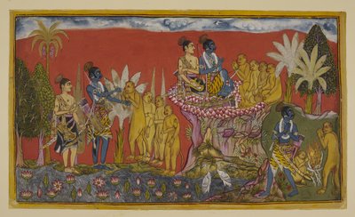 Add 15296 (2) f.5r, Hanuman brengt nu Rama en Laksmana in de aanwezigheid van Sugriva op de berg. Rama en Sugriva schudden elkaar de hand als teken van hun vriendschapsbelofte, bekeken door Laksmana en de andere apen; en dan, in een vergelijkbare geest, wa door Indian School