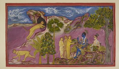 Add 15296 (2) f.9r, Sugriva vertelt Rama dat hij Sita heeft gezien die in een wagen door Ravana werd meegenomen, worstelend en roepend om de namen van Rama en Laksmana. Toen ze hem beneden zag, liet ze haar sieraden en een bovenkleed vallen. Sugriva rent n door Indian School