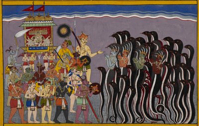 Add 15297(2) f.43r Ravana daalt af in de waterige gebieden of rasatala, de hel gelegen op de bodem van de oceaan. Vasuki, de god van water en de naga