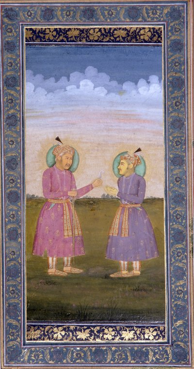 Akbar geeft een juweelveer aan zijn zoon Jahangir, c.1845 door Indian School