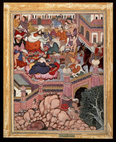 Amr, vermomd als Mazmahil de Chirurg, praktiseert kwakzalverij op de tovenaars van Antali, ca. 1570 door Indian School
