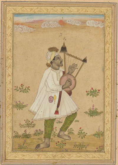 Een Afrikaanse lierspeler, ca. 1640-1660 (inkt, dekkende aquarel en goud op papier) door Indian School