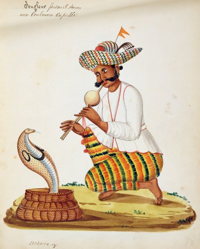 Een Indiase slangenbezweerder met een cobra, uit een Frans album met tekeningen door Indian School