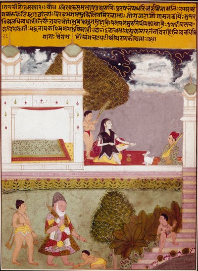 Een asceet luistert naar muziek op het terras van een paleis (ca. 1760) door Indian School