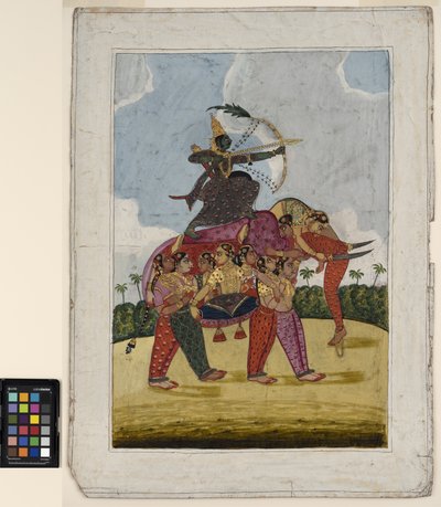 Een olifant, samengesteld uit dansende vrouwen, dient als rijdier voor een boogschutter door Indian School