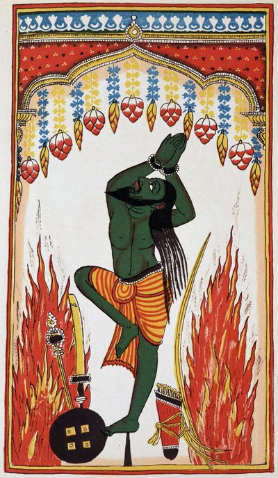 Aradjama, biddend en boetedoening doend om de wapens te verkrijgen die hem onoverwinnelijk zullen maken, litho 18e eeuw. door Indian School