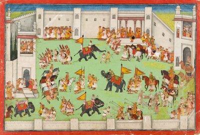 Aankomst van de bruidegom in het paleis, folio uit een Ramayana, ca. 1640-1650 door Indian School