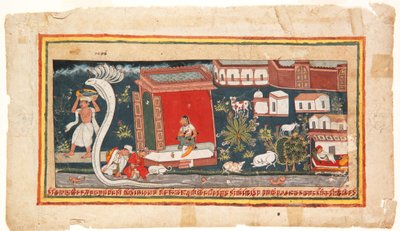 Baby Krishna wordt in veiligheid gebracht, 1600-25 door Indian School