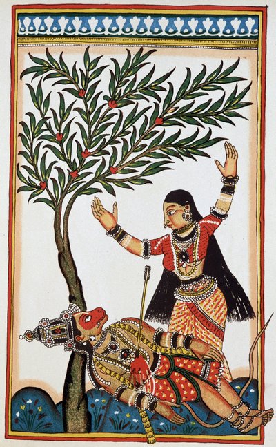 Bali gedood door een pijl, naast hem Tara zijn vrouw, litho achttiende eeuw door Indian School