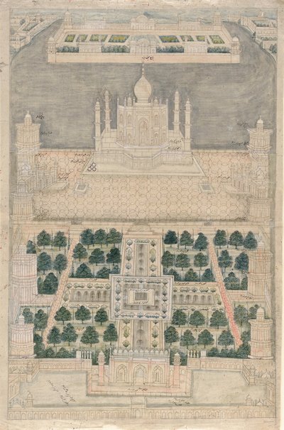 Vogelperspectief van de Taj Mahal in Agra, 1790-1810 door Indian School