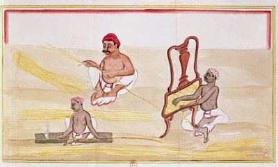 Stoelen vlechten voor export naar Groot-Brittannië (pen & inkt en aquarel op papier) door Indian School