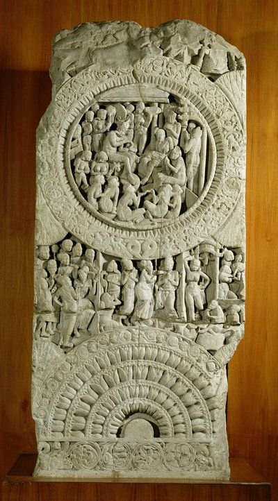 Houtsnede die een verhaal uit de Jataka