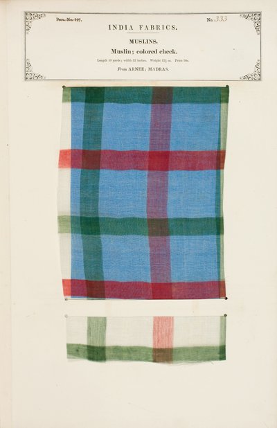 Gekleurd geruit mousselinemonster uit Arnee in Madras, uit De Collectie van de Textielfabrikanten van India, door John Forbes Watson, gepubliceerd in 1866 door Indian School