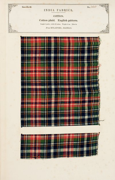 Katoenen ruitmonster uit Mylapore in Madras, uit De Collectie van de Textielfabrikanten van India, door John Forbes Watson, gepubliceerd in 1866 door Indian School