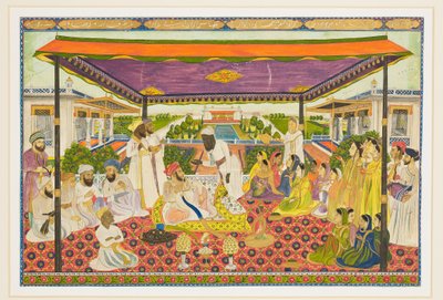Hofscène met panoramisch paleis en tuin op de achtergrond door Indian School