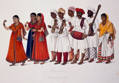 Dansende meisjes en muzikanten, ca. 1828 door Indian School